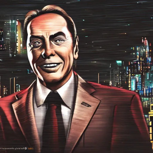 Prompt: berlusconi, head and shoulder shot, cyberpunk city, city background, 4k, beautiful face, smiling, hyperdetailed, trending on artstation, digital art