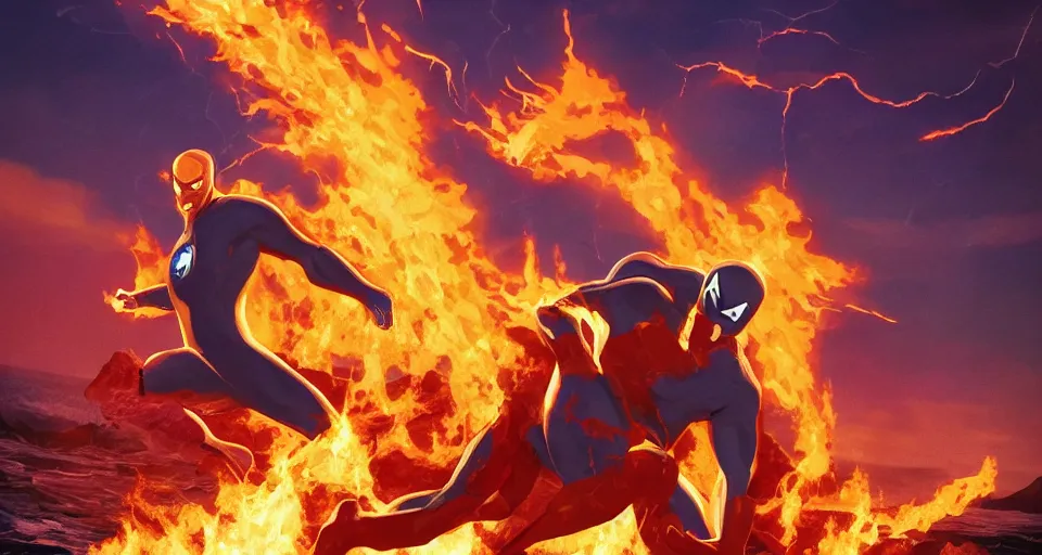 Prompt: Marvel Comics Human Torch Battles Marvel Comics The Silver Surfer In A Misty Lake, bats, sunset, volumetric lighting, hyperrealistic, beautiful details, HDR, octane render, action shot, wide angle, bokeh, Yasushi Niarasawa Moebius Jim Steranko Style