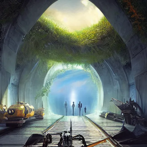 Prompt: paradise at the end of the tunnel concept art by Doug Chiang cinematic, realistic painting, high definition, digital art, symmetrical, very detailed, extremely high detail, photo realistic, concept art, unreal engine 5, album cover,