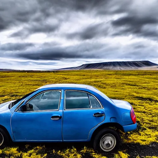 Prompt: a wide angle HDR photograph of a blue car in a field in Iceland, shot from low angle