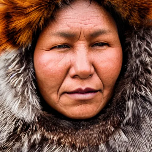 Prompt: a cheyenne tribal woman wearing bison fur coat in a wyoming snot storm, close up, portrait