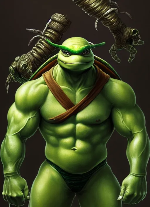 Image similar to portrait of aggressive leonardo from teenage mutant ninja turtle, d & d, muscular! turtle shell in the back!, fantasy, intricate, elegant, highly detailed, green skin!, digital painting, artstation, concept art, smooth, sharp focus, illustration, art by artgerm and greg rutkowski and alphonse mucha