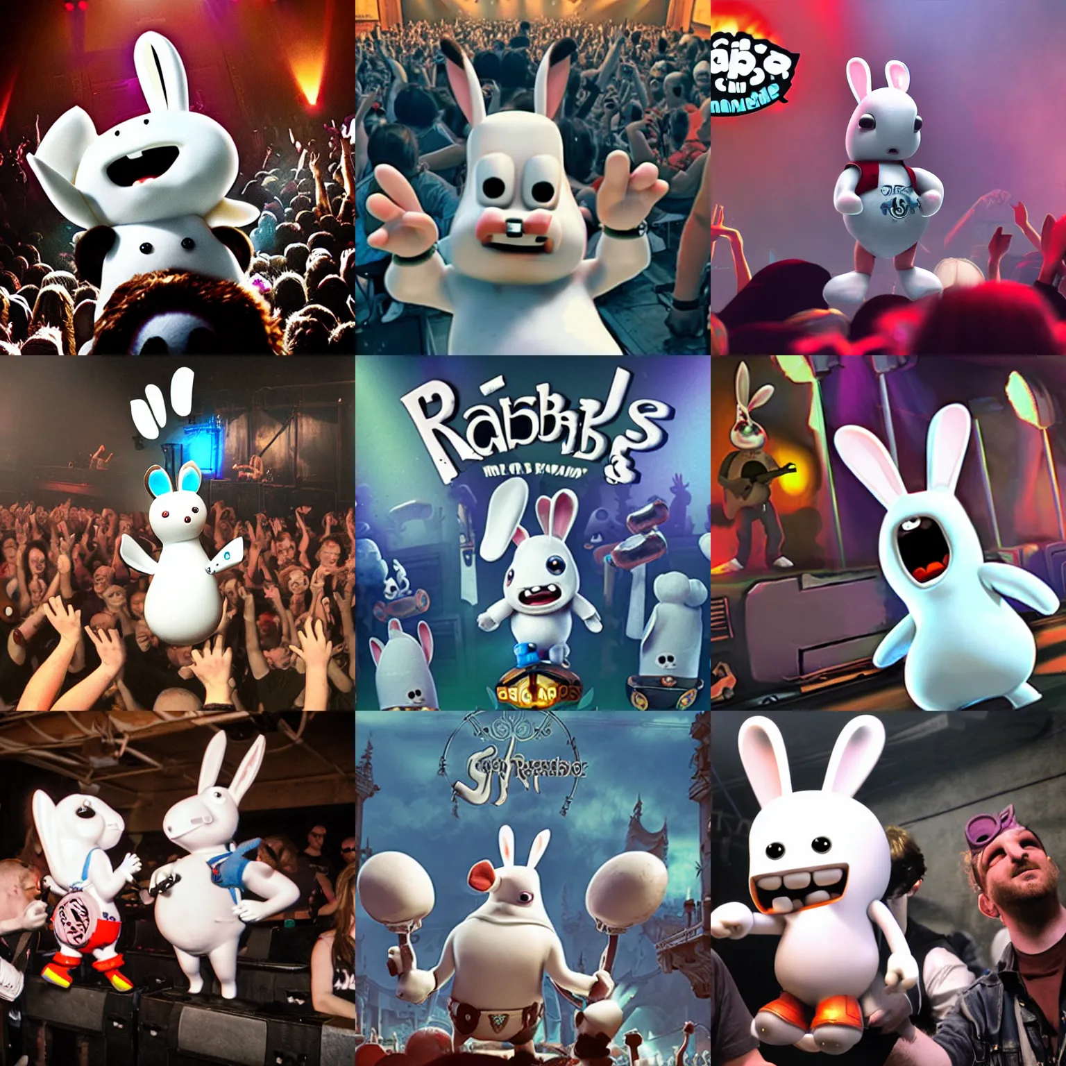 Prompt: rabbids at a metal concert, raymond rabbids