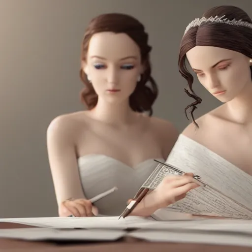 Image similar to Two beautiful brides studying mathematics together, hyperrealistic, highly detailed, depth of field, High definition, 8k, octane render, artstation