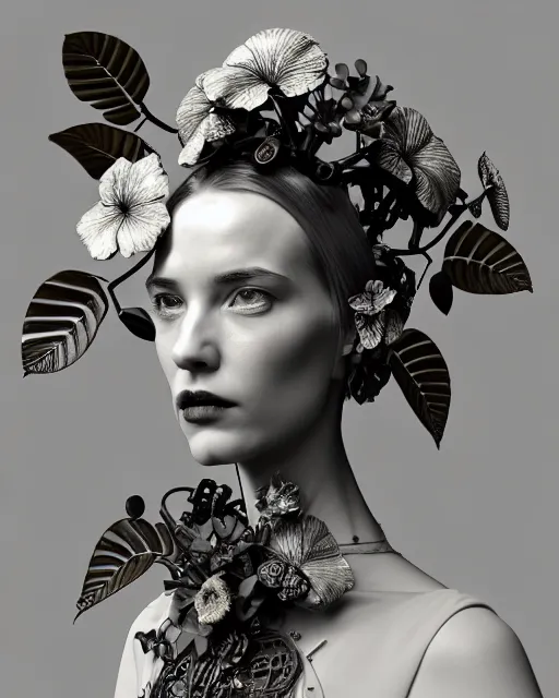 Prompt: monochrome 3 d model, 1 9 4 0 picture, floral metal steampunk biomechanical beautiful young female cyborg with porcelain profile face and a techno eye, volumetric light, leaves foliage and stems, hibiscus flowers, sinuous fine roots, fine foliage lace, alexander mcqueen, rim light, big gothic fashion pearl embroidered collar, octane render, 8 k