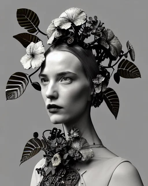 Image similar to monochrome 3 d model, 1 9 4 0 picture, floral metal steampunk biomechanical beautiful young female cyborg with porcelain profile face and a techno eye, volumetric light, leaves foliage and stems, hibiscus flowers, sinuous fine roots, fine foliage lace, alexander mcqueen, rim light, big gothic fashion pearl embroidered collar, octane render, 8 k