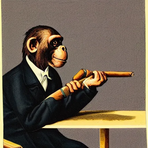 Image similar to a gentleman chimp who is smoking a cigar while presenting the weather report