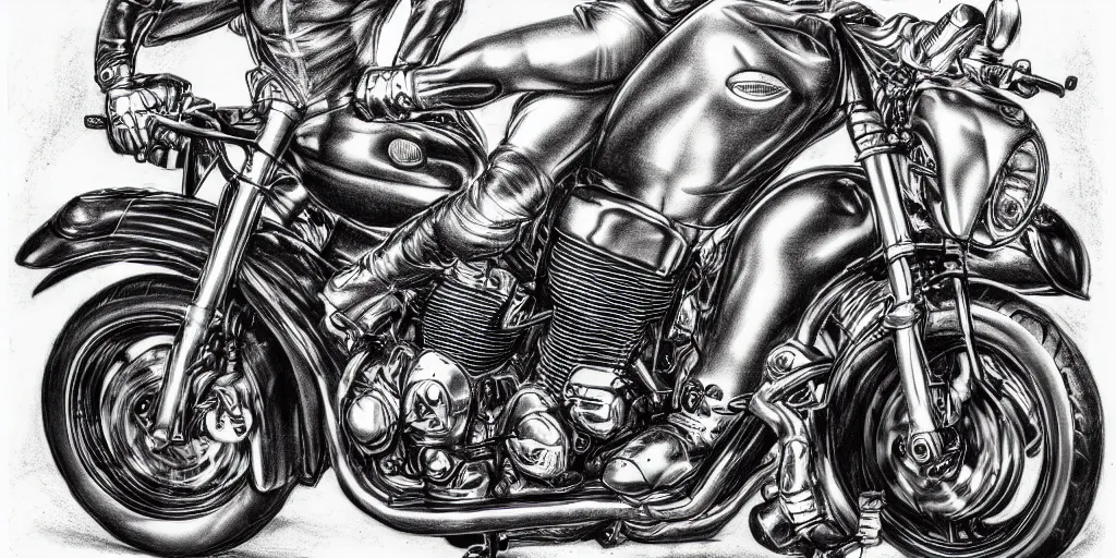 Prompt: men and motorcycles, detailed physique pictorial high quality pencil and ink drawing by tom of finland