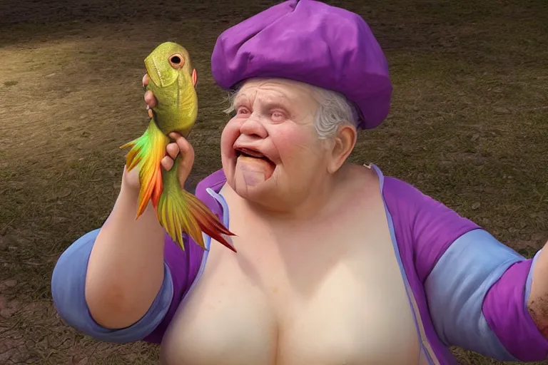 Image similar to of a very beautiful scene. ambient occlusion render. a sweet fat old woman is dancing with a huge colorful fish. hyper realistic. 4 k. wide angle. romantic mood. symmetrical face, red mouth, blue eyes. deep focus, lovely scene. ambient occlusion render. concept art. artstation. unreal engine.