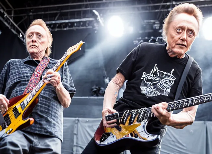 Image similar to photo still of christopher walken on stage at vans warped tour!!!!!!!! at age 5 5 years old 5 5 years of age!!!!!!! shredding on guitar, 8 k, 8 5 mm f 1. 8, studio lighting, rim light, right side key light