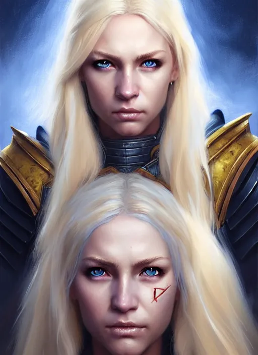 Image similar to a _ fantasy _ style _ portrait _ painting _ of timid white female paladin with blonde hair and blue eyes,, scar under left eye, holy oil _ painting _ unreal _ 5 _ daz. _ rpg _ portrait _ extremely _ detailed _ artgerm _ greg _ rutkowski _ greg