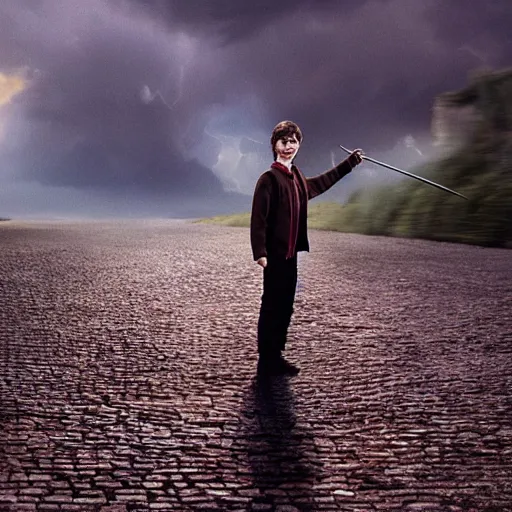 Image similar to Harry potter standing and holding a short wand, yellow light spell, side view, daniel radcliffe, thunderclouds, cinematic shot, wide shot, epic scale, photorealistic detail and quality, intricate cobblestone, magical particle effects, movie still, nighttime, crescent moon, sharp and clear, action shot, intense scene, visually coherent, symmetry, rule of thirds, movement, photorealistic colors, cool colors transitioning to warm colors, modest tone, award winning, directed by Steven Spielberg, Christopher Nolan, Tooth Wu, Asher Duran, artstation