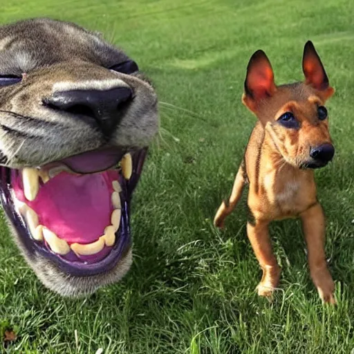 Prompt: panther shows teeth to a small long dog