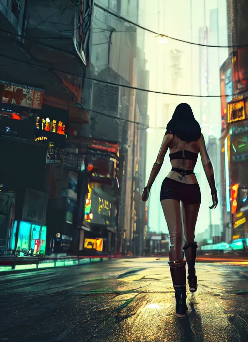 Image similar to photo of a beautiful woman walking through a ( ( ( cyberpunk city ) ) ), full body, hyper realistic, 8 k, dslr, unreal engine, highly detailed portrait