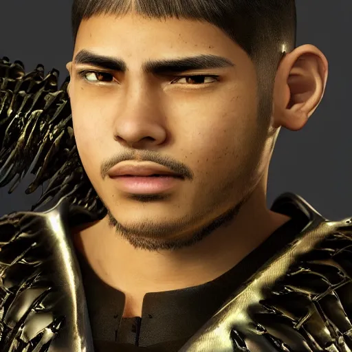 Prompt: anime of young puerto rican man with facial hair, longer nose brown eyes, full body, reptile armor, by shinichiro watanabe, hyper realistic, dark fantasy detailed, high definition insanely detailed, bitter wide angle lens glow in the dark