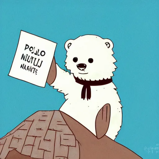 Image similar to cute anime polar bear holding a sign, studio ghibli, digital art, high quality, beautiful illustration, anime