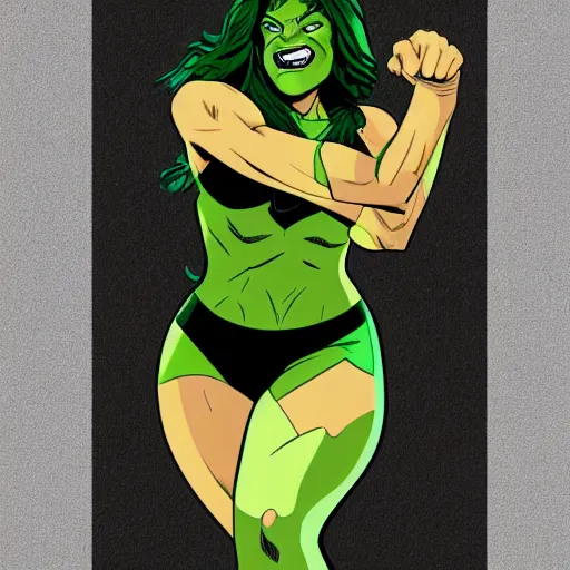 Image similar to Actress Rosario Dawson as She-Hulk, smiling, poster framed, comic pinup style, sports illustrated, detailed legs, artstation, illustration, posterized, Roge Antonio, Jen Bartel