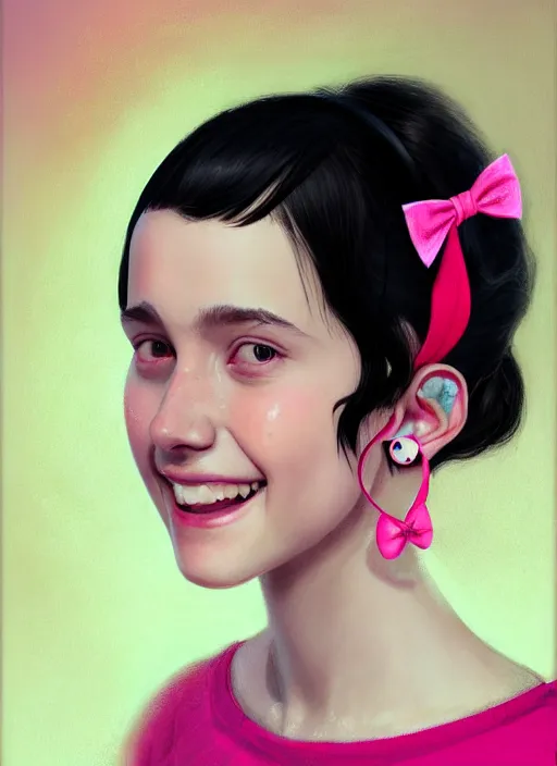 Image similar to portrait of teenage girl, realistic, black hair, bangs, half updo hairstyle, pointy nose, skinny, smile, ugly, defined jawline, big chin, pink hair bow, earrings, intricate, elegant, glowing lights, highly detailed, digital painting, artstation, sharp focus, illustration, art by wlop, mars ravelo and greg rutkowski