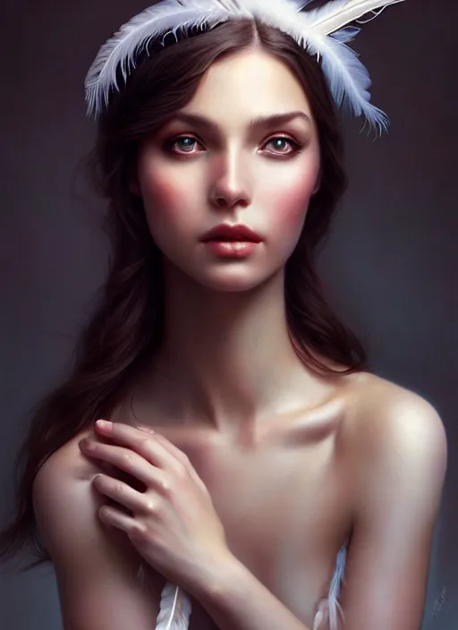 Image similar to a gorgeous female photo, professionally retouched, soft lighting, wearing a feather dress, realistic, smooth face, perfect eyes, wide angle, sharp focus on eyes, 8 k high definition, insanely detailed, intricate, elegant, art by artgerm and greg rutkowski and tom bagshaw