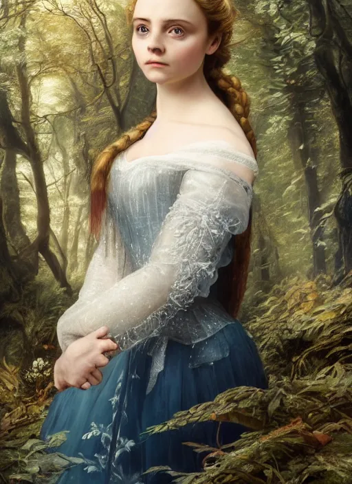 Prompt: Beautiful elsa, Looks like Christina Ricci, In the woods, Dramatic, Edge, Good, Infused, Backlight, De-Noise, VFX, insanely detailed and intricate, hypermaximalist, elegant, ornate, hyper realistic, super detailed, by Anthony Van Dyck, by Ivan Shishkin, by John Constable