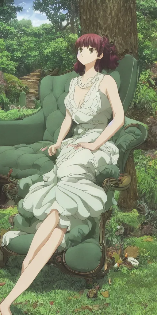 Image similar to landscape shot of a highly detailed queen sitting by herself on a sofa in a forest, drawn by CloverWorks, elegant, beauty,