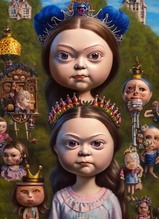 Image similar to highly detailed closeup, face profile portrait of greta thunberg as a tin toy fairytale goth princess wearing a crown eating cakes, bikini, unreal engine, nicoletta ceccoli, mark ryden, earl norem, lostfish, global illumination, detailed and intricate environment