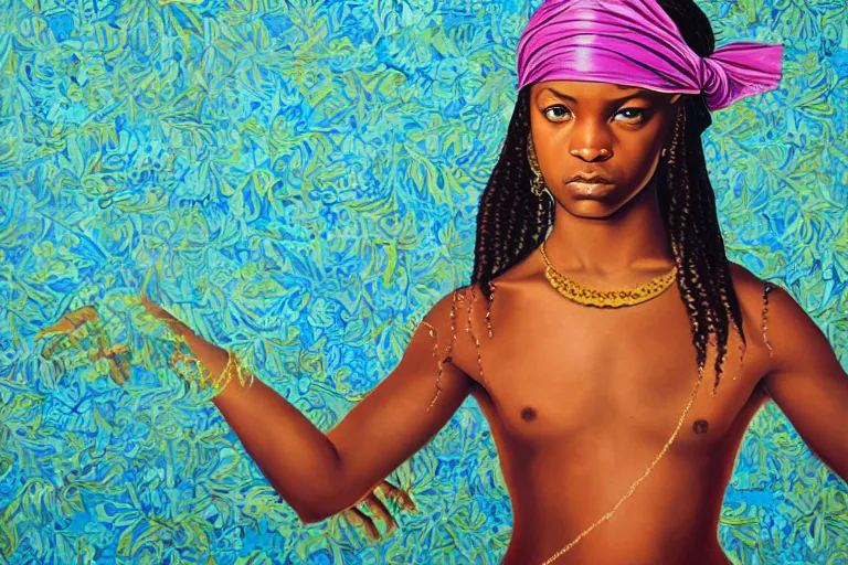 Image similar to a girl pirate with iridescent skin by kehinde wiley