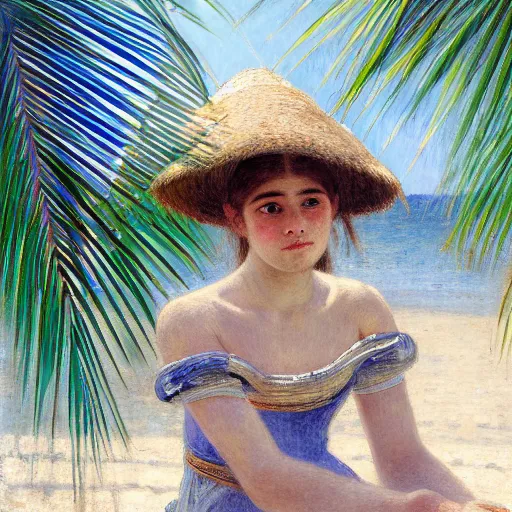 Image similar to a ultradetailed beautiful painting of a girl in the amazonas palace designed by jules bastien - lepage, hans belmer, frank weston and gustave baumann, beach, trending on artstation, mediterranean, palm trees, light sparkles, sharp focus, soft light, 8 k 4 k