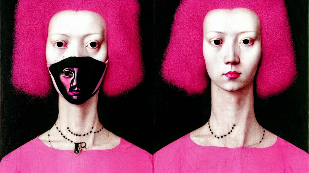 Prompt: symmetrical portrait of a woman face with pink frizzy hair, wearing a embroidered black mask by alexander mcqueen, bjork aesthetic, masterpiece, cyberpunk, in the style of rogier van der weyden and jacopo da pontormo, punk, masterpiece, asian art