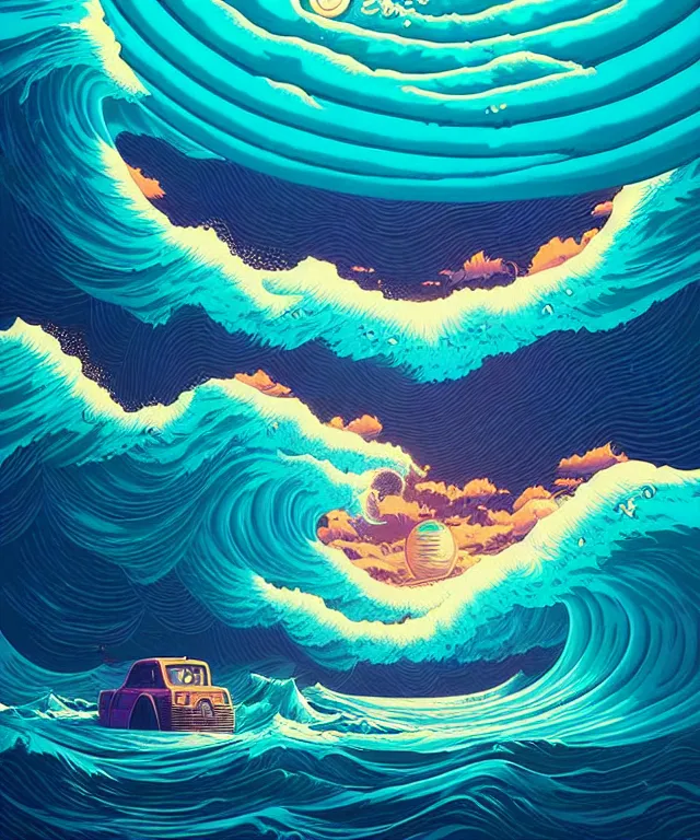 Prompt: an ocean wave swirling in the sky by simon stalenhag and dan mumford, surrealism, hyper detailed, retrowave, solarpunk