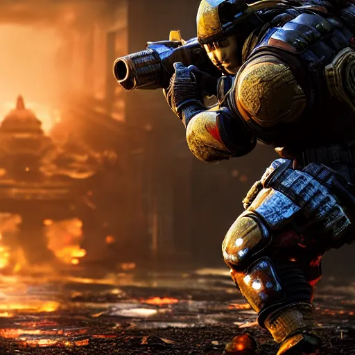 Image similar to 'Samurai!!! Pikachu' in Gears of War, splash art, movie still, cinematic lighting, dramatic, octane render, long lens, shallow depth of field, bokeh, anamorphic lens flare, 8k, hyper detailed, 35mm film grain