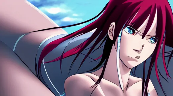 Prompt: Erza Scarlett chained and shackled, upset, tears in eyes | Somber moon | wet Dungeon Chamber | Big Moon at Night | strong blue rimlit | visual-key | anime illustration | highly detailed