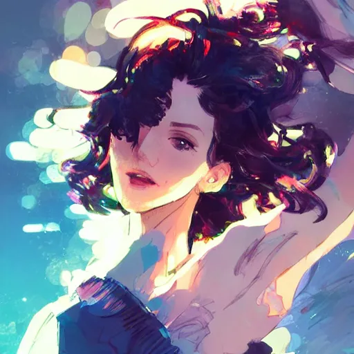 Image similar to a beautiful girl with short curly brown hair in a ponytail, a pointy chin, smiling sweetly, dramatic lighting, illustration by Rossdraws, yoji shinkawa, 4k, digital art, concept art, trending on artstation