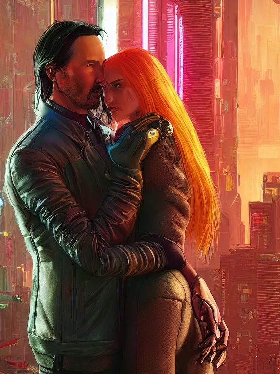 Image similar to a cyberpunk 2077 couple portrait of Keanu Reeves&female android in final kiss,love,film lighting,by Laurie Greasley,Lawrence Alma-Tadema,Dan Mumford,artstation,deviantart,FAN ART,full of color,Digital painting,face enhance,highly detailed,8K,octane,golden ratio,cinematic lighting