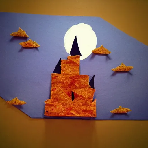 Prompt: a castle built out of doritos, yummy, sunset