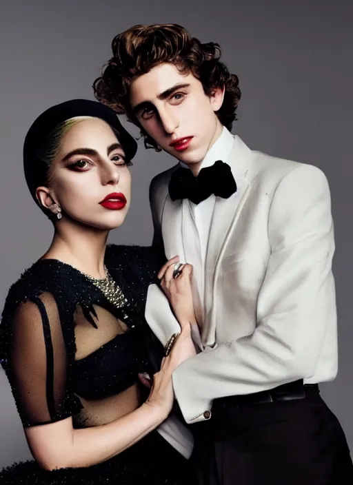 Prompt: lady gaga and timothee chalamet meet, posing, old hollywood themed, classy, glamour, full body shot, set pieces, intricate set, vogue magazine, canon, highly realistic. high resolution. highly detailed. dramatic. 8 k. 4 k.