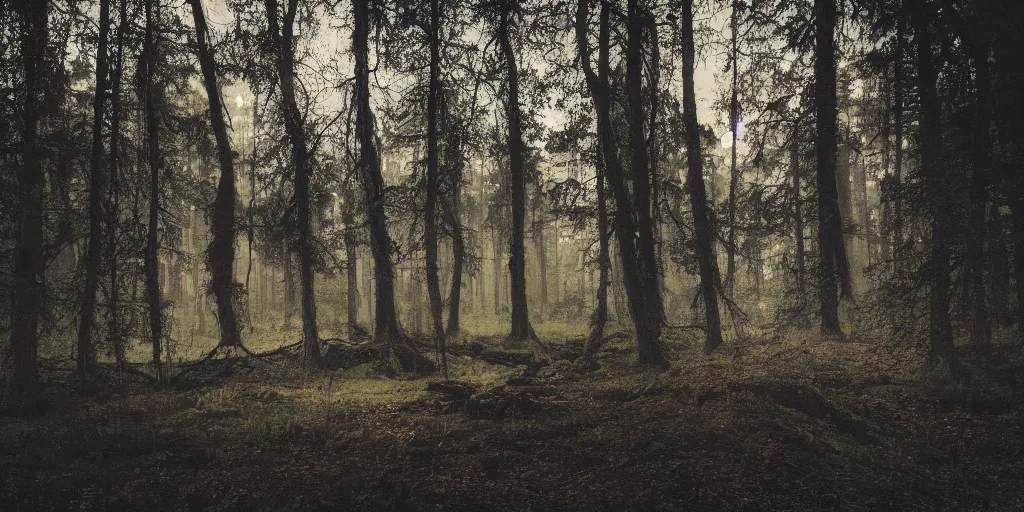 Image similar to a photo of a dream world, forest, river, skull, church, dark lighting