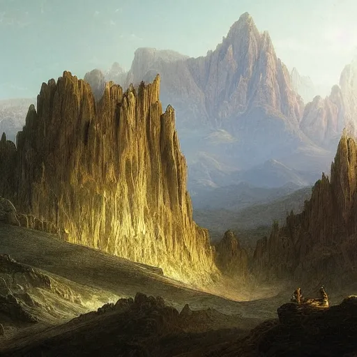 Image similar to a beautiful and highly detailed matte painting of an epic mountain range, intricate details, epic scale, insanely complex, 8 k, sharp focus, hyperrealism, very realistic, by caspar friedrich, james gurney, albert bierstadt,