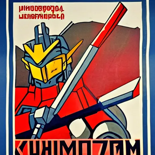 Image similar to detailed soviet propaganda poster of a gundam holding a pickaxe