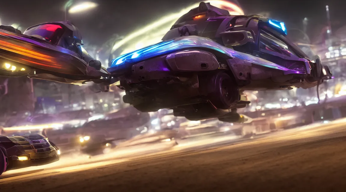 Image similar to mid to close up of a hover car from wipeout hd on a racetrack high motion blur lots of fog and very high depth of field LED strip lights on the road RTX render photorealistic 8k rendered on octane