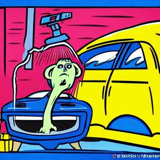Prompt: a very large nose with arms, wearing a small wig, driving a car, in the car wash. funny humorous surrealist illustration, detailed art