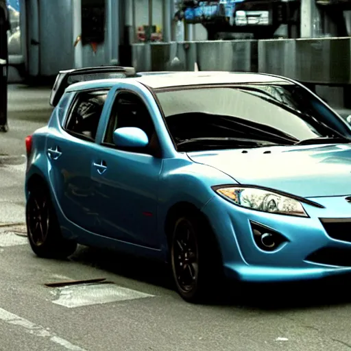 Prompt: blue grey Mazda Mazdaspeed3 2008 generation 1 in Fast and Furious Tokyo Drift screen cap still