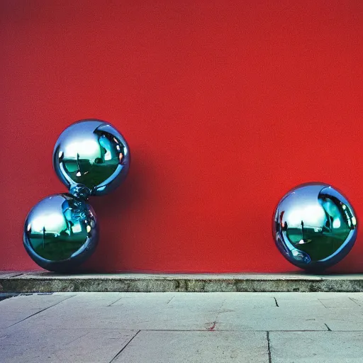 Prompt: chrome spheres on a red cube by steve mccurry