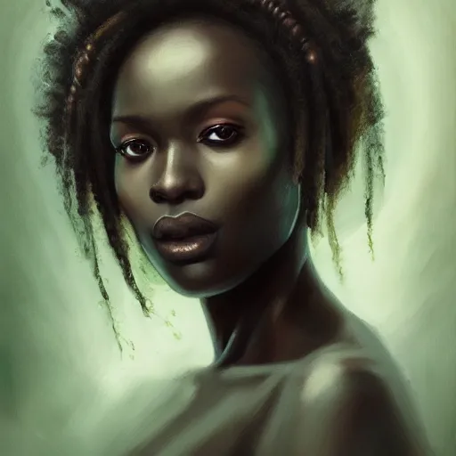 Prompt: a detailed matte oil on canvas head on symmetrical portrait of black skinned woman with long white and ( ( ( pale greenish ) ) ) hair, clothed by charlie bowater, lise deharme, wlop, trending on artstationhd, dungeons and dragons art critical role