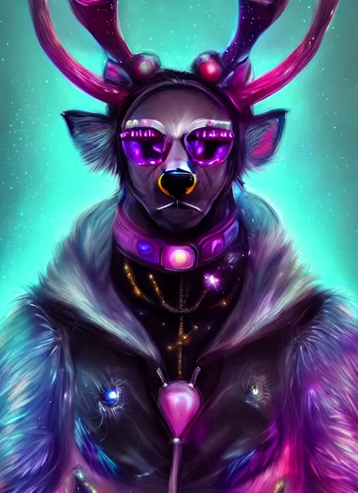 Image similar to award winning beautiful portrait commission of a male furry anthro Black Reindeer cyberpunk fursona with a tail, wings, wings, wings and a cute beautiful attractive detailed furry face wearing a crown, stylish black and rainbow galaxy clothes, outline, in a cyberpunk city at night while it rains. Character design by charlie bowater, ross tran, artgerm, and makoto shinkai, detailed, inked, western comic book art