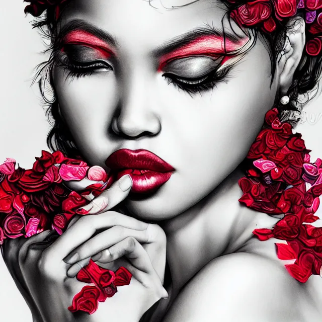 Image similar to studio portrait absurdly beautiful, elegant, lovely, young hypercolorful sensual black model rubies red petals gems, ultrafine hyperrealistic detailed face illustration by kim jung gi, irakli nadar, intricate linework, sharp focus, bright colors, matte, octopath traveler, final fantasy, unreal engine highly rendered, global illumination, radiant light, intricate rainbow environment