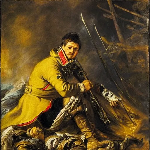 Image similar to Volodymyr Zelensky at war, dressed like Napoleon Bonaparte, sitting on the ground between dead corpses and weeping, holding a half burnt blue and yellow flag of Ukraine, sharp focus, in the style of Peter Paul Rubens