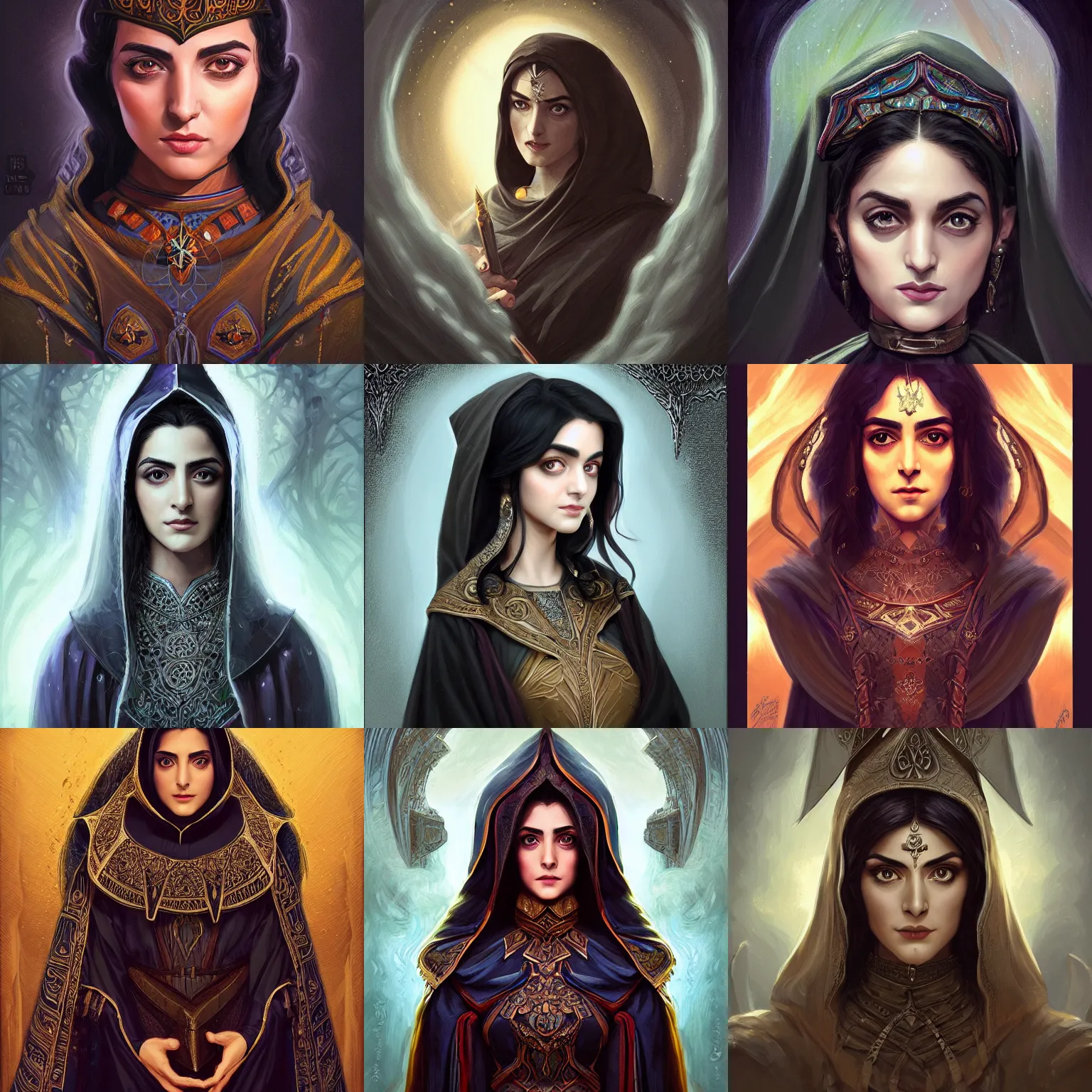 Prompt: head-on symmetrical centered painted portrait, Maya Ali as a D&D wizard, black hair, medieval robes, fantasy, intricate, elegant, highly detailed, digital painting, smooth, sharp focus, illustration, artstation, in the style of Artgerm and Anna Podedworna and Alex Ross