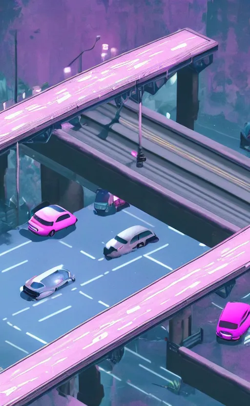 Prompt: pink or blue car on a bridge at midnight, full moon, SOMA game style, horror