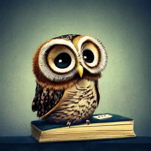 Prompt: long shot of a very cute plush and sleepy owl sitting on a pile of antique books, by naoto hatori, by yoshita amano, by esao andrews, fancy illustration hyperrealistic, big depth of field, fresh colors, moody evening light, 3 d octane render conceptart, 4 k, highly detailed, trending on artstation